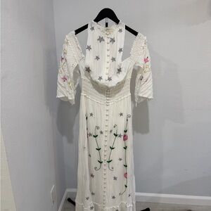 Fillyboo White Maxi Dress with Gray Stars & Pink Floral Embroidery